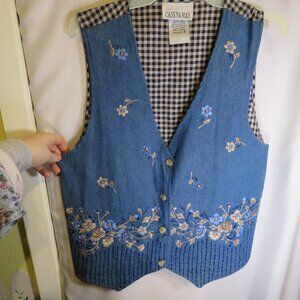 Vintage Casey & Max Embroidered Floral Denim Vest Tan & Blue Large